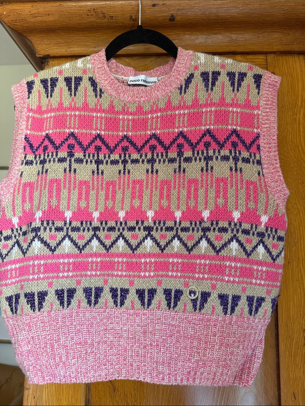 Paco Rabanne Pink Fair Isle Wool Vest with Sparkly Purple + White Accents